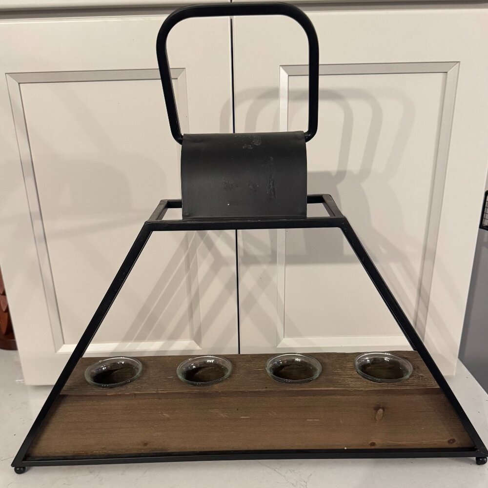 Wood and Black Metal Tea Light 4- Candle Holder